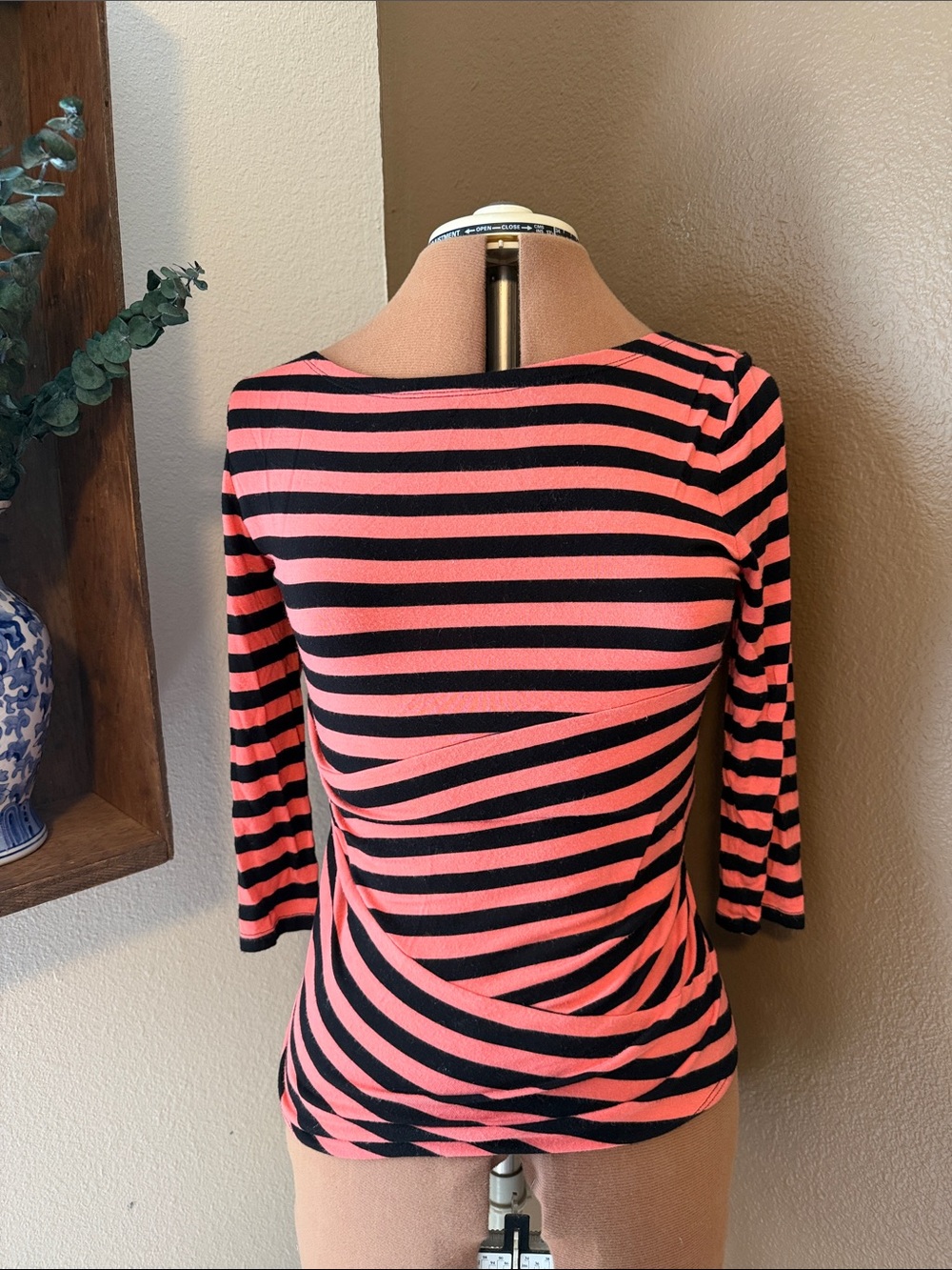 Women’s Striped Boatneck Top in Coral and Black 3/4 length sleeves lightweight
